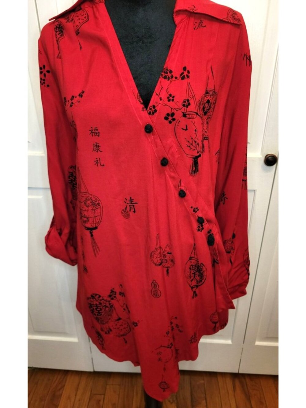 Soft Surroundings Red Asymmetrical Asian Print Wrap Tunic L Grunge Whimsygoth